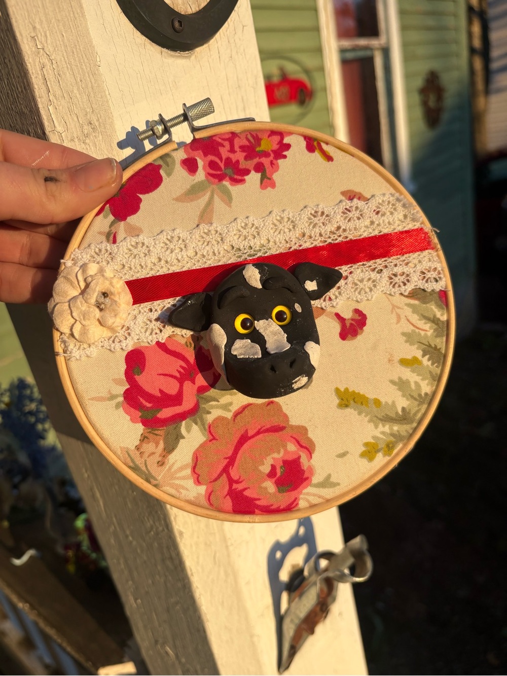 Handmade Floral Embroidery Hoop with Cow Accent - Pink & Red